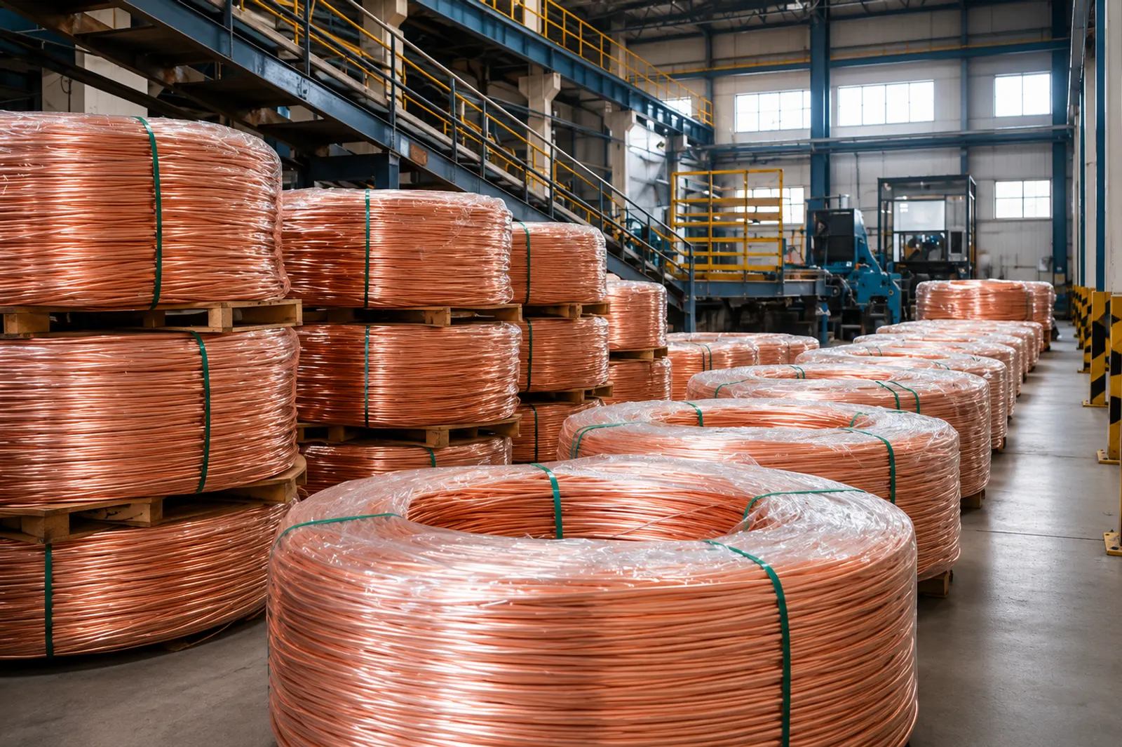 Strapped coils of finished copper rod stacked on pallets in the plant